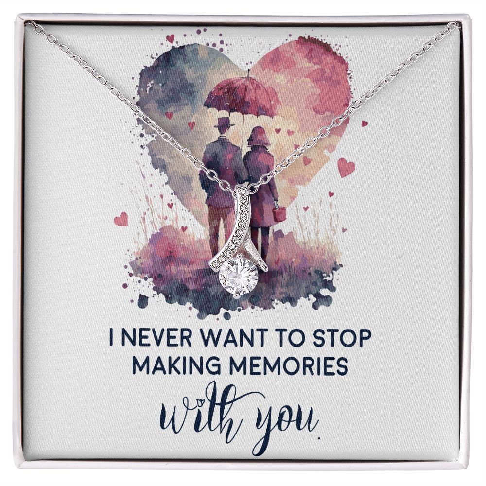 Never Stop Making Memories Ribbon Necklace Silver Tone Standard Box